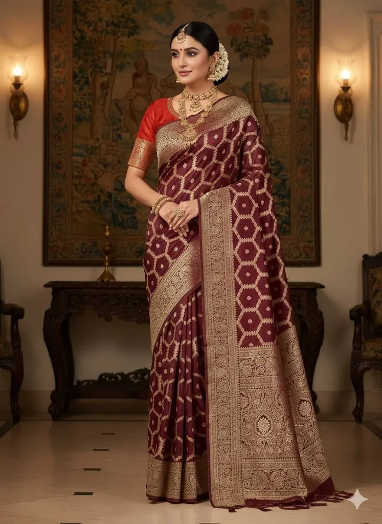 Banarsi Mashroo Silk Saree Mahroon