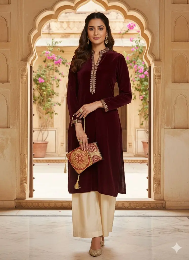 Brocade Crossbody Phone Pouch Maroon and Gold