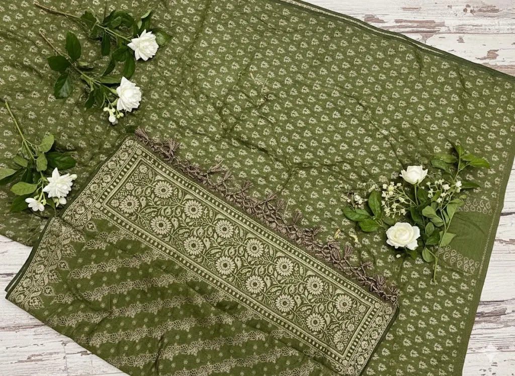 Elegant Olive Green Banarasi Suit with Floral Zari Work  | Shattrex E-Commerce ✨