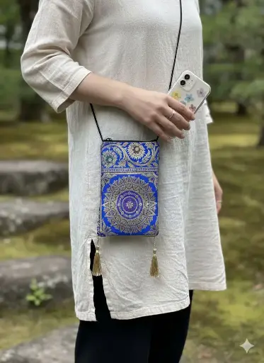 Brocade Crossbody Phone pouch Blue