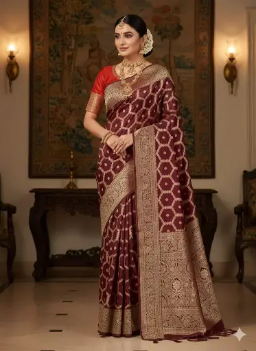 Banarsi Mashroo Silk Saree Mahroon