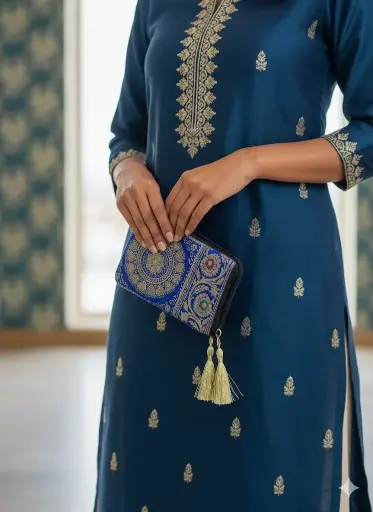 Brocade Crossbody Phone Pouch Navy Blue