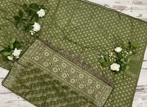 Elegant Olive Green Banarasi Suit with Floral Zari Work  | Shattrex E-Commerce ✨