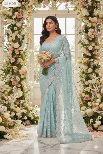Sky Blue Chiffon Georgette Saree