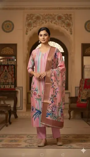 Designer Digital Print Suit with Striped Kurta and Heavy Border Dupatta